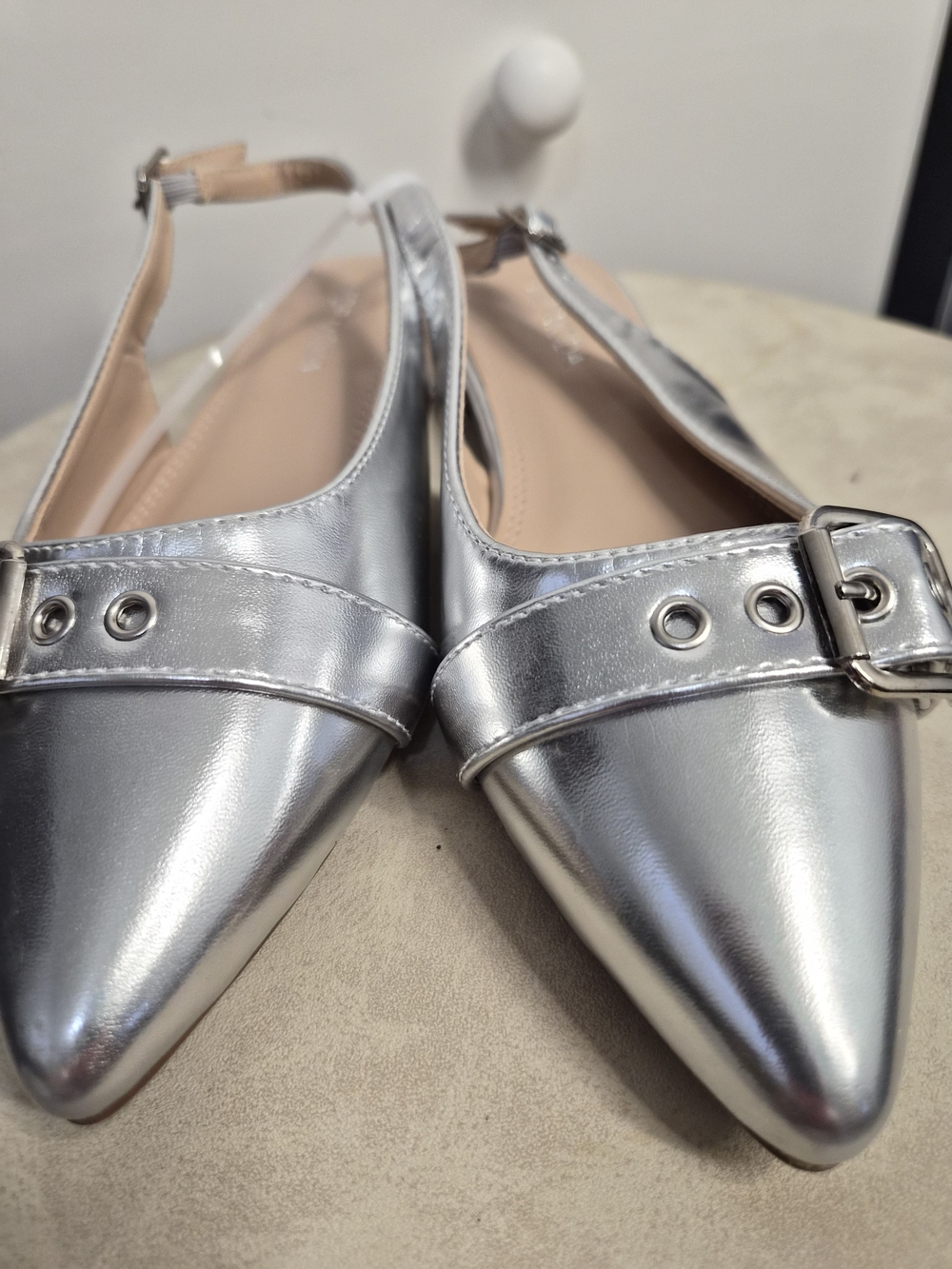 TOP Moda Metallic Silver Pointed Slingback Flats with Buckle Detail